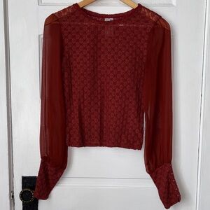 FREE PEOPLE SHEER KNIT TOP WITH BUTTON CUFFS